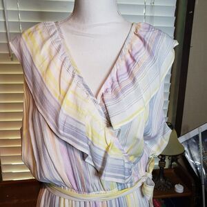 NEW LC Lauren Conrad PRETTY Pastel Stripe V Neck Faux Wrap Ruffle Dress XL